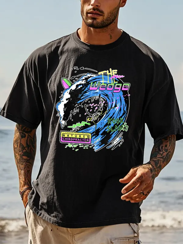 Men's Vintage Surf Skull Print Outdoor Surf Tee - Pragmaace.com 