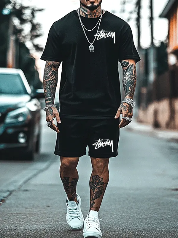 Stylish Black Short Sleeve T-Shirt And Shorts Set For Men - Pragmaace.com 