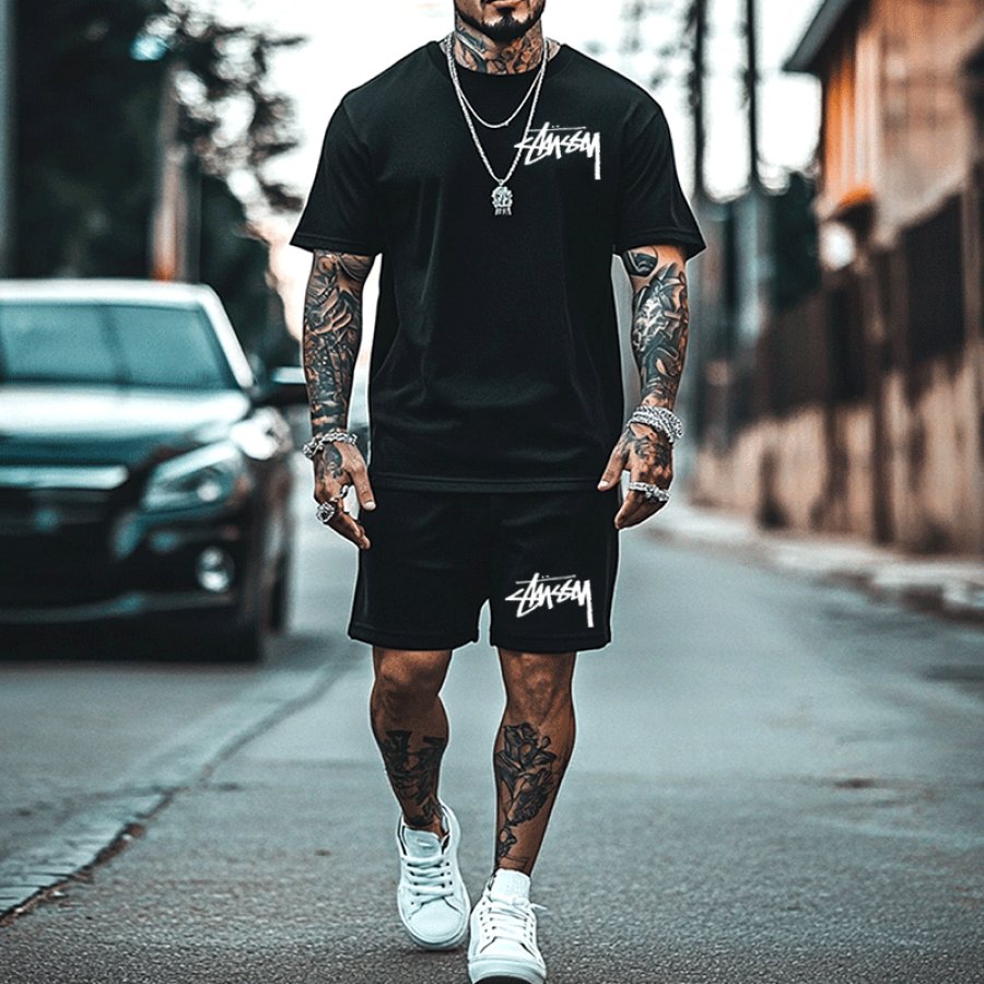 

Stylish Black Short Sleeve T-Shirt And Shorts Set For Men
