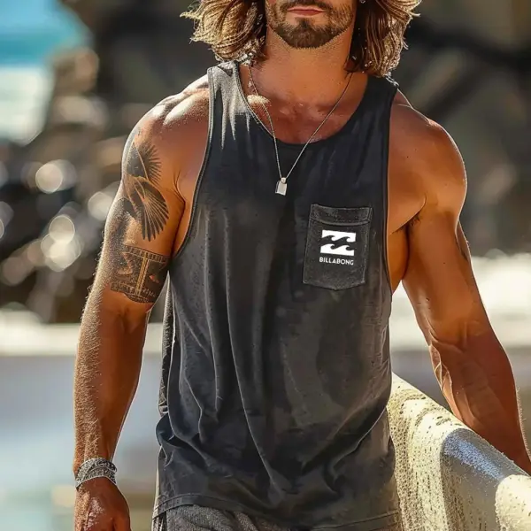 Men's Vintage Surfing Graphic Print Pocket Round Neck Sleeveless Tank Top - Wayrates.com 