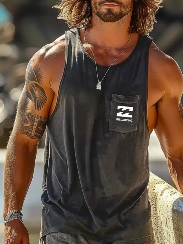 Men's Vintage Surfing Graphic Print Pocket Round Neck Sleeveless Tank Top - Menwyx.com 