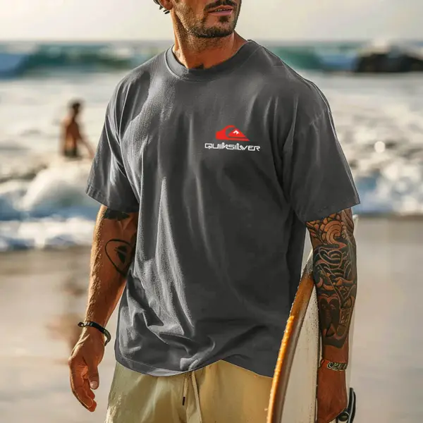 Quiksilver Men's Vintage Surfing Graphic Print Dark Gray Cotton Short Sleeve T-Shirt - Cotosen.com 