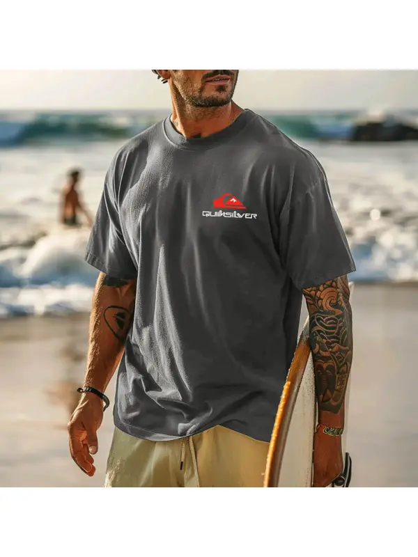 Men's Vintage Surfing Graphic Print Dark Gray Crew Neck Cotton Short Sleeve T-Shirt - Aptkoi.com 