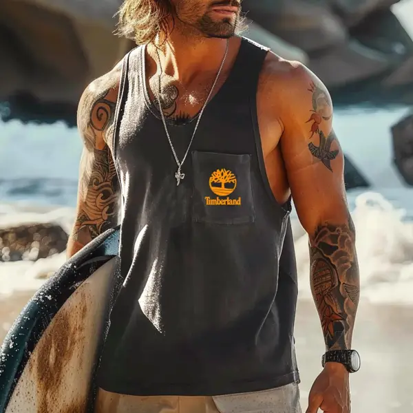 Men's Vintage Surfing Tree Graphic Print Pocket Round Neck Sleeveless Tank Top - Wayrates.com 