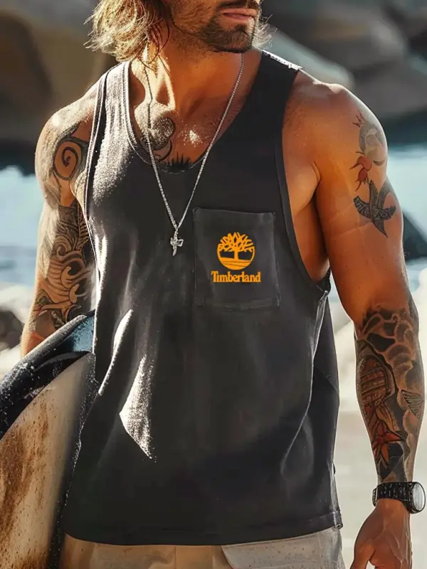 Men's Vintage Surfing Tree Graphic Print Pocket Round Neck Sleeveless Tank Top - Menbarn.com 
