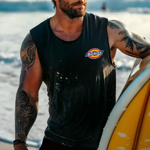 Dickies Men's Vintage Surfing Beach Graphic Print Round Neck Sleeveless Tank Top - Wayrates.com 