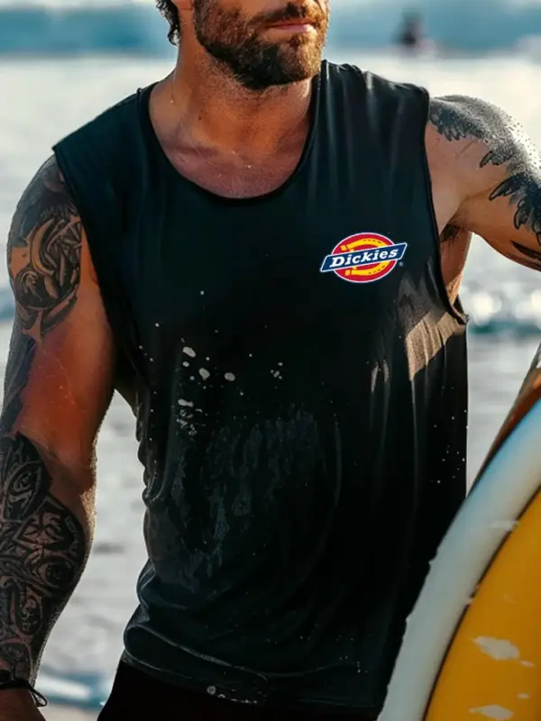 Men's Vintage Surfing Beach Graphic Print Round Neck Sleeveless Tank Top - Menbarn.com 