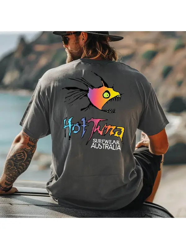 Men's Vintage Surfing Hot Fish Graphic Print Crew Neck Cotton Short Sleeve T-Shirt - Anrider.com 