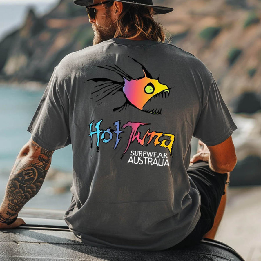 

Men's Vintage Surfing Hot Fish Graphic Print Crew Neck Cotton Short Sleeve T-Shirt
