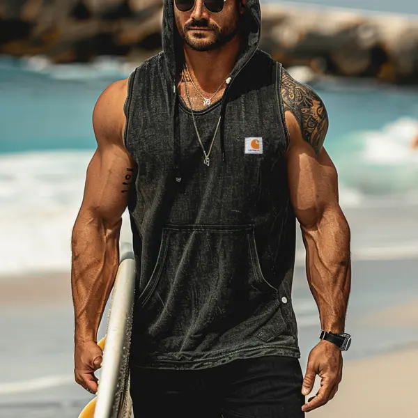 Men's 2025 Newest Surf Retro Fashion Patchwork Pocket Sleeveless Hooded Tank Top - Wayrates.com 