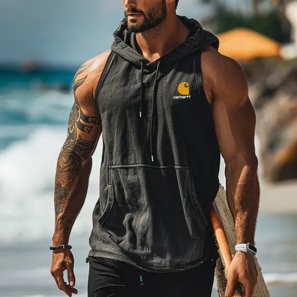 Men's 2025 Newest Surf Retro Fashion Patchwork Pocket Sleeveless Hooded Tank Top - Wayrates.com 