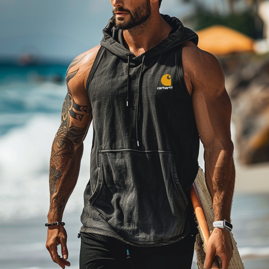 

Men's 2025 Newest Surf Retro Fashion Patchwork Pocket Sleeveless Hooded Tank Top