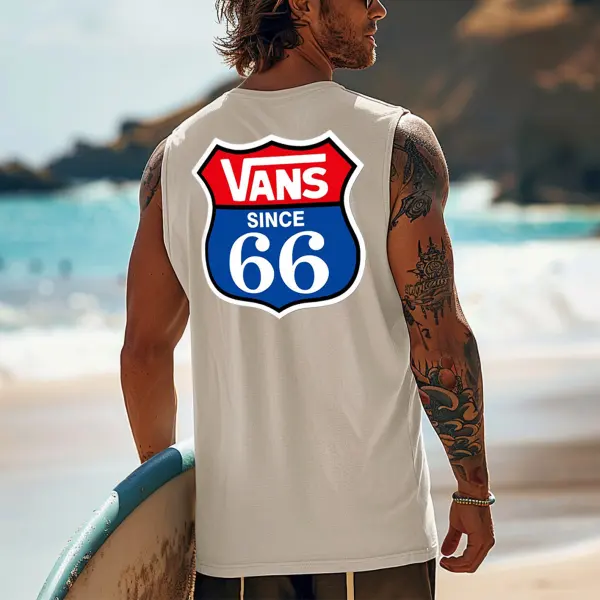 Vans Men's Vintage Surfing Oversized Route 66 Print Tank Top - Cotosen.com 