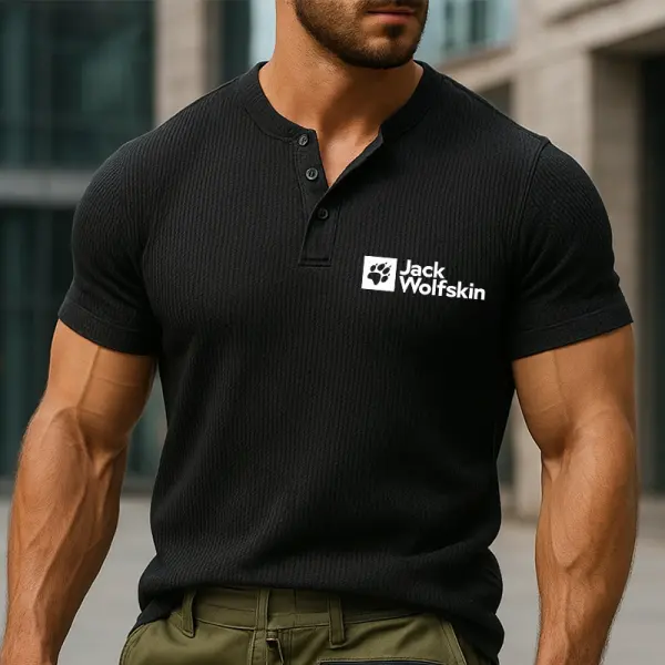 Men's Graphic Printing Textured Fabric Henley T-Shirt Black - Wayrates.com 