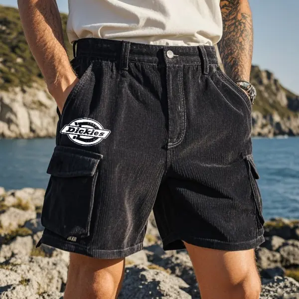 Men's Casual Corduroy Graphic Print Pocket Cargo Shorts Black - Wayrates.com 