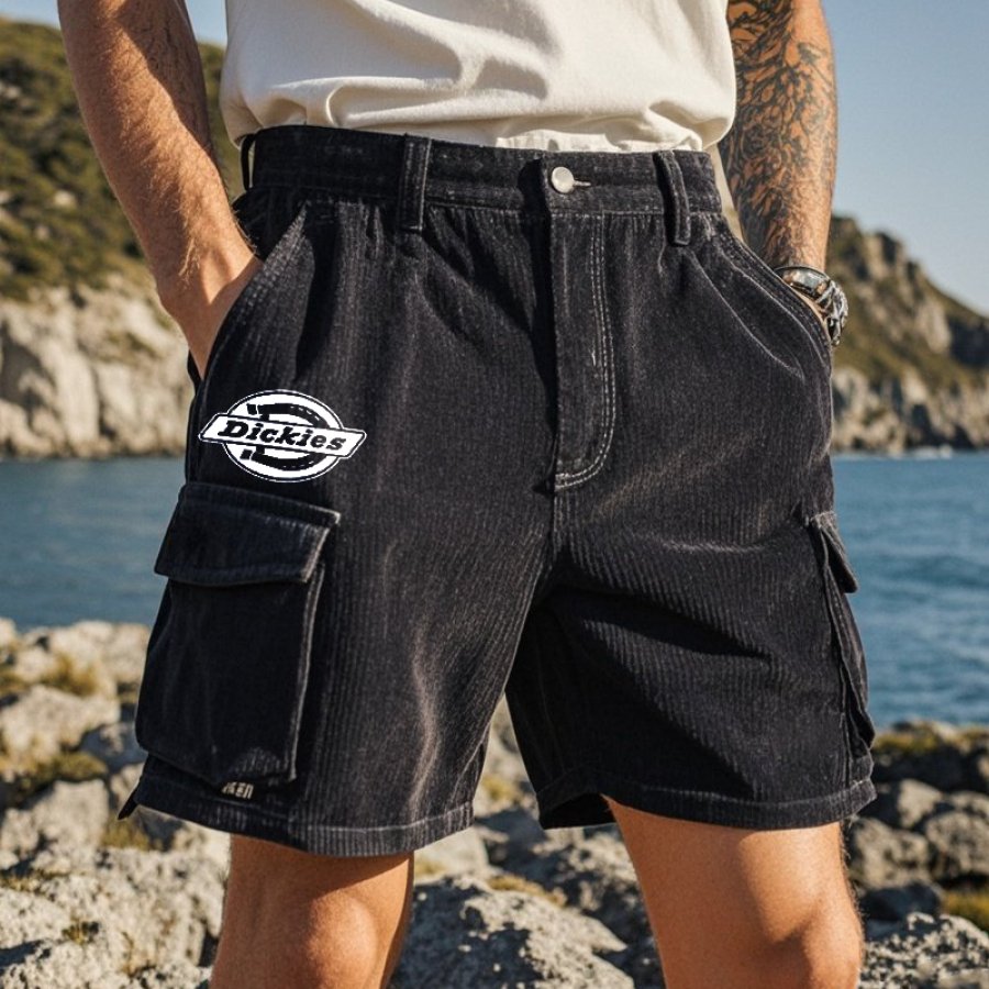 

Men's Casual Corduroy Graphic Print Pocket Cargo Shorts Black
