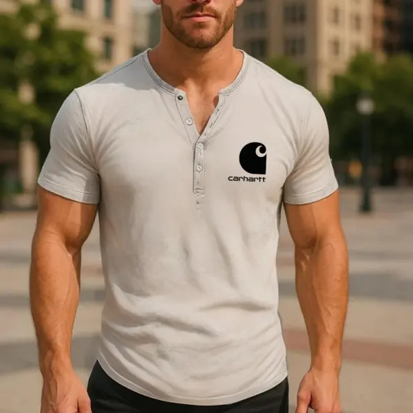 Carhartt Men's Vintage Graphic Print Gray Henley T-Shirt - Wayrates.com 
