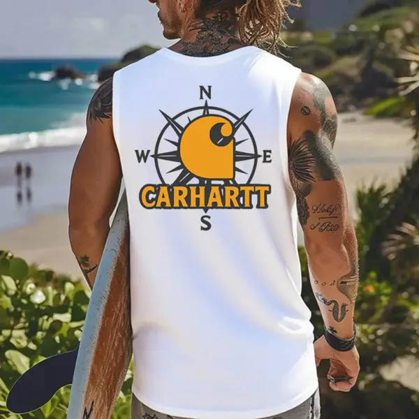 Men's Vintage Surfing Nautical Compass Graphic Print Round Neck Sleeveless Muscle Tank Top - Wayrates.com 