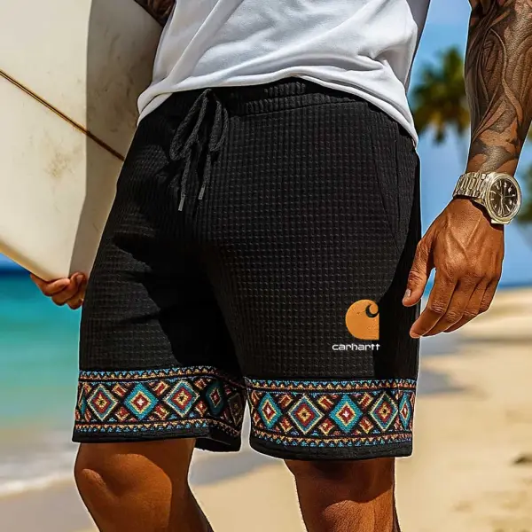 Men's Vintage Waffle Knit Surfing Embroidery Ethnic Aztec Print Walkshort Black Shorts Boardshorts - Ootdyouth.com 