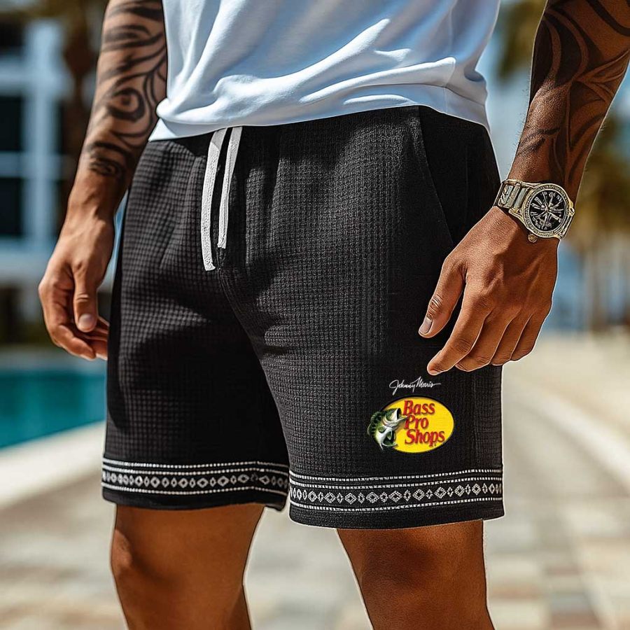 

Men's Vintage Waffle Knit Surfing Fishing Ethnic Aztec Print Walkshort Black Shorts Boardshorts