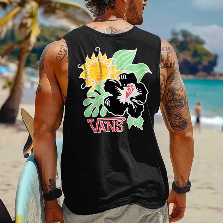 

Men's Vintage Surfing Floral Graphic Print Round Neck Sleeveless Muscle Tank Top