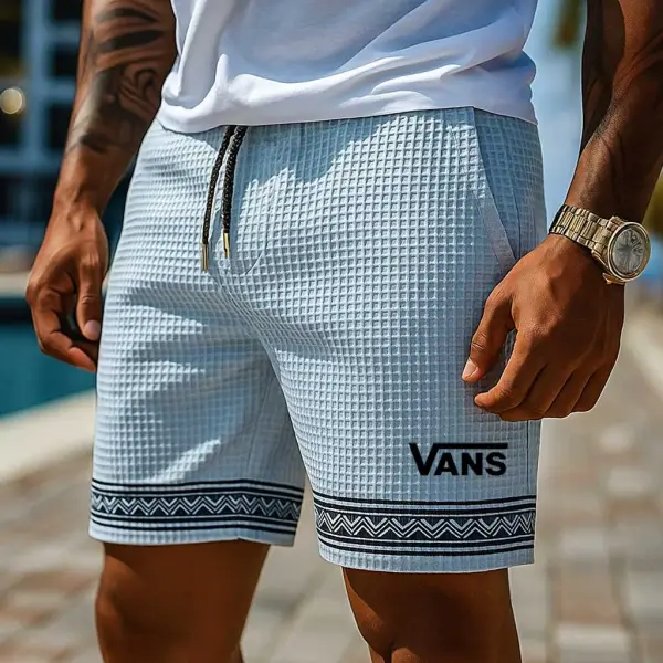 Men's Vintage Waffle Knit Surfing Ethnic Aztec Print Walkshort Light Blue Shorts Boardshorts - Ootdyouth.com 