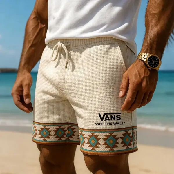 Men's Vintage Waffle Knit Surfing Ethnic Aztec Print Walkshort Beige Shorts Boardshorts - Ootdyouth.com 