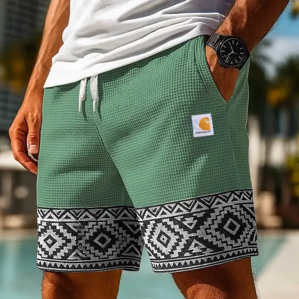 Men's Vintage Waffle Knit Surfing Ethnic Aztec Print Walkshort Green Shorts Boardshorts - Ootdyouth.com 