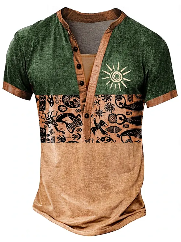 Men's Vintage Green And Brown Tribal Print Henley T-Shirt - Pragmaace.com 