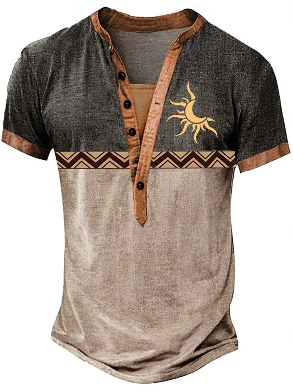 Men's Vintage Casual Henley T-Shirt With Sun And Moon Design - Pragmaace.com 