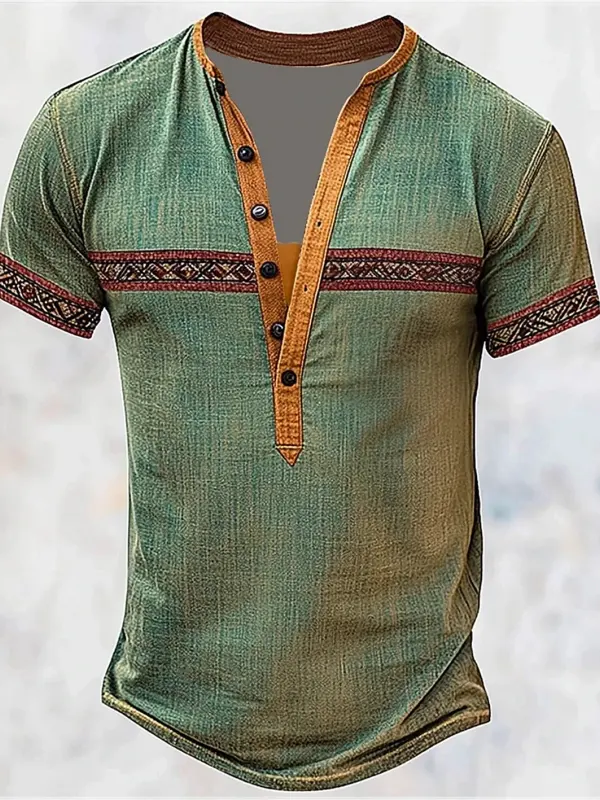 Men's Vintage Green Casual Henley Shirt With Ethnic Embroidery - Menbarn.com 