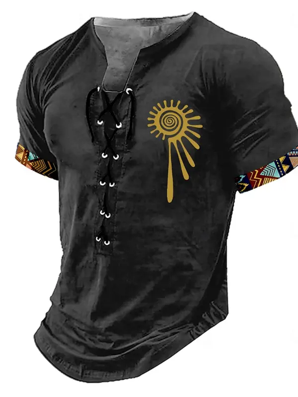 Men's Vintage Black V-neck T-shirt With Tribal Sun Design And Lace-up Front - Pragmaace.com 