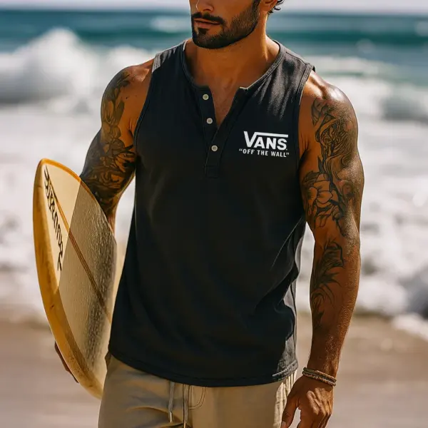 Men's Vintage Henley Neck Surf Print Sleeveless Tank Top - Wayrates.com 