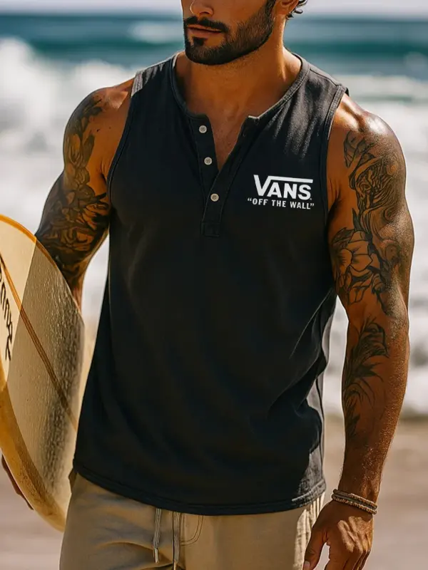Vans Men's Vintage Henley Neck Surf Sleeveless Tank Top - Menbarn.com 