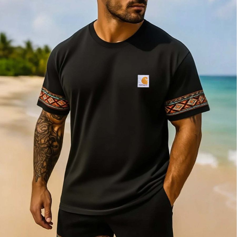 

Men's Vintage Surfing Ethnic Aztec Print Crew Neck Short Sleeve T-Shirt