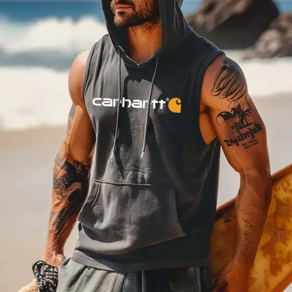Men's Vintage Surfing Print Pocket Hooded Sleeveless Tank Top - Wayrates.com 