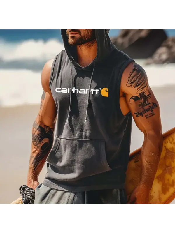 Men's Vintage Surfing Print Pocket Hooded Sleeveless Tank Top - Aptkoi.com 