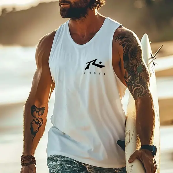 Men's Vintage Surfing Graphic Print Round Neck Sleeveless Muscle Tank Top - Wayrates.com 