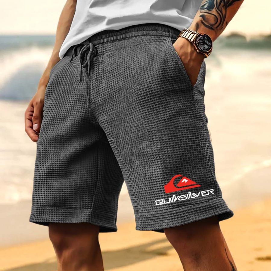 

Men's Vintage Waffle Knit Surfing Print Elastic Drawstring Boardshorts Shorts