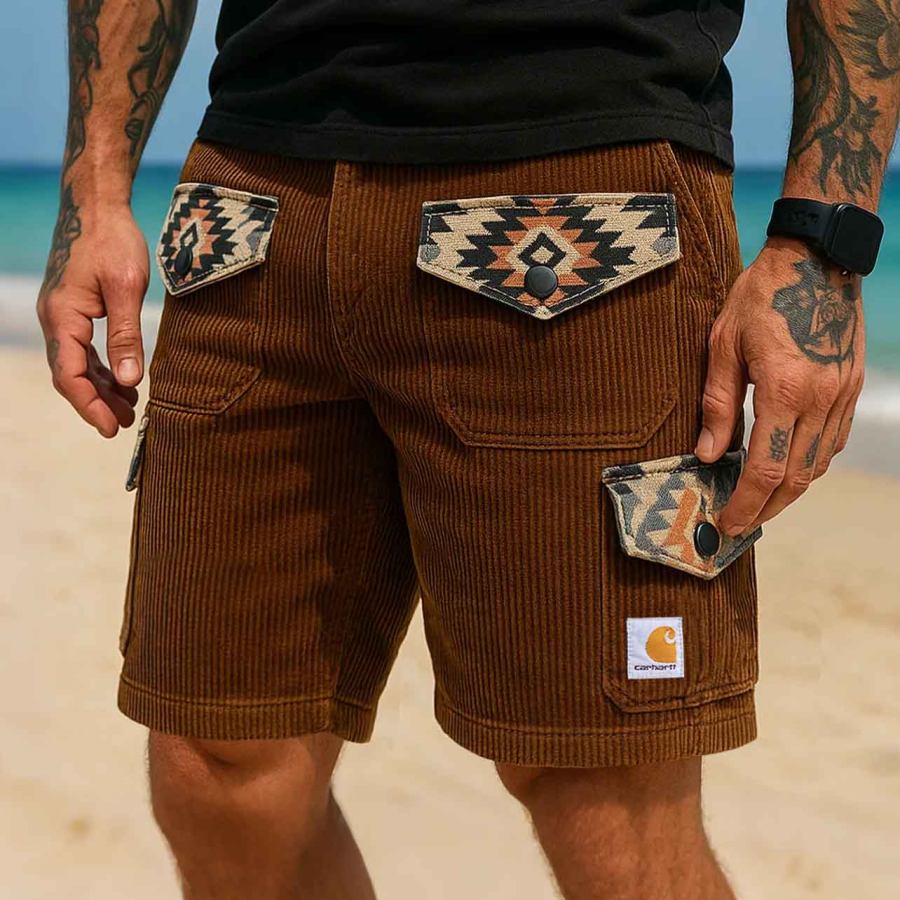 

Men's Vintage Corduroy Surfing Flap Aztec Print Multi-Pocket Walkshort Cargo Shorts Boardshorts