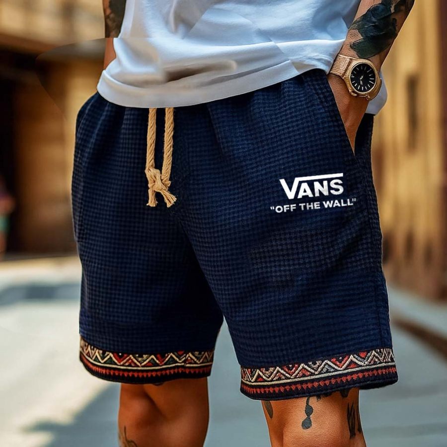 

Men's Vintage Waffle Knit Surfing Ethnic Aztec Print Walkshort Dark Blue Shorts Boardshorts