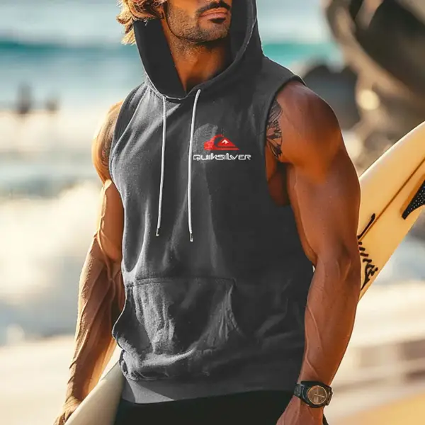 Men's Vintage Surfing Print Pocket Hooded Sleeveless Tank Top - Wayrates.com 