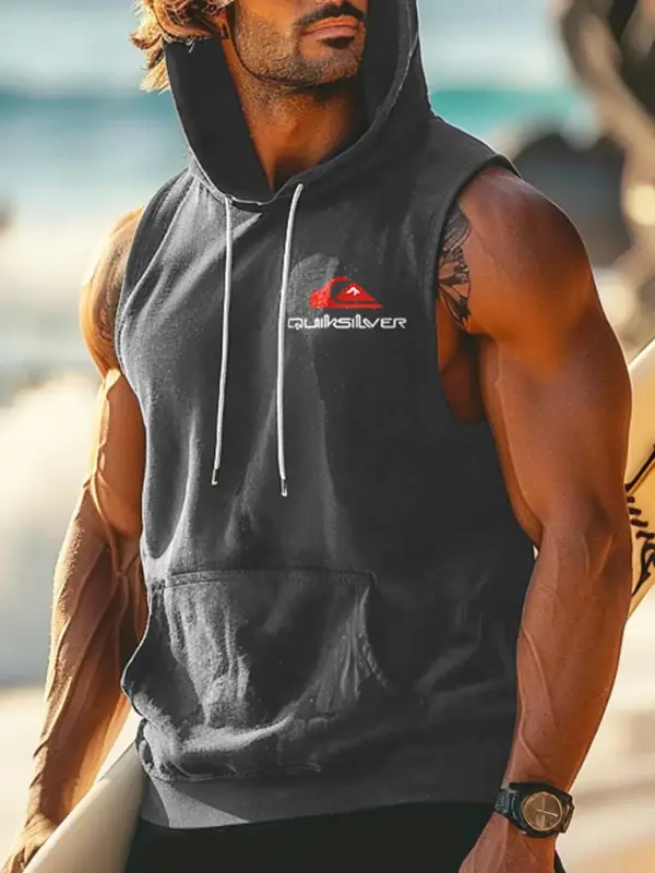 Men's Vintage Surfing Print Pocket Hooded Sleeveless Tank Top - Pragmaace.com 