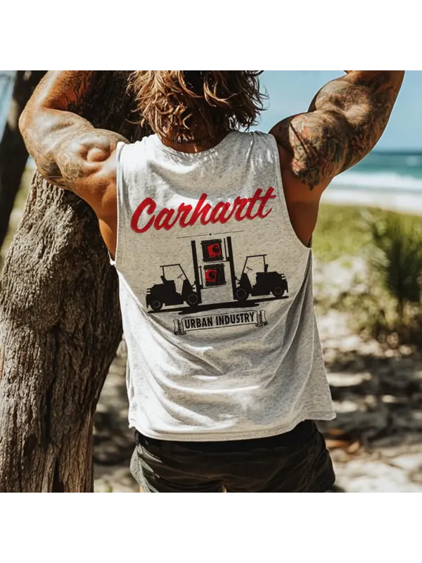 Men's Vintage Print Crew Neck Sleeveless Tank Top - Aptkoi.com 