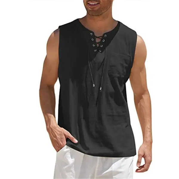 Men's Casual Lace-Up Neck Chest Pocket Sleeveless Vest Tank Top - Rabclub.com 