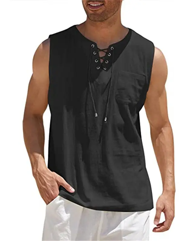 Men's Casual Lace-Up Neck Chest Pocket Sleeveless Vest Tank Top - Menbarn.com 