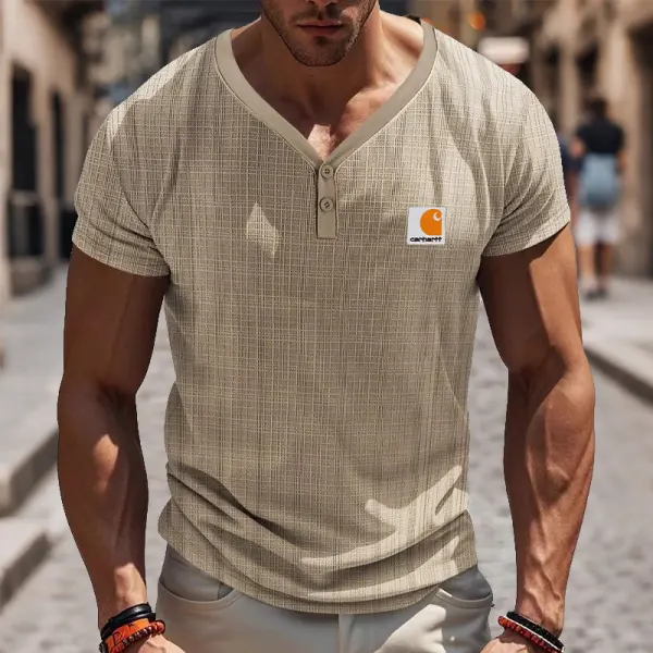 Men's Casual Linen Lable Texture Fabric Henley T-Shirt In Khaki - Wayrates.com 