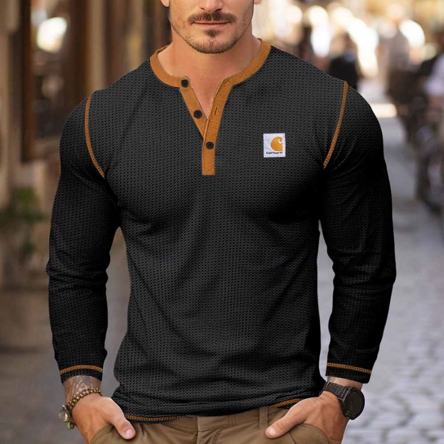 

Men's Vintage White Waffle Knit Color Block Pocket Henley Long Sleeve Muscle T-Shirt