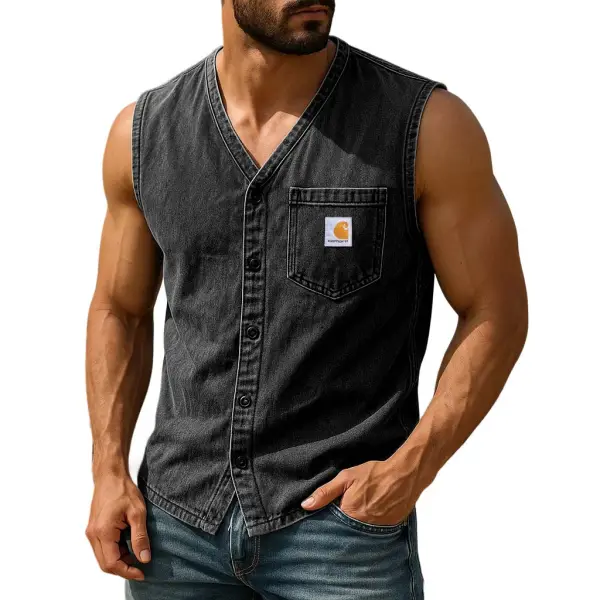 Men's Vintage Distressed Washed Surf Pocket Button Hooded Sleeveless Muscle Vest - Wayrates.com 