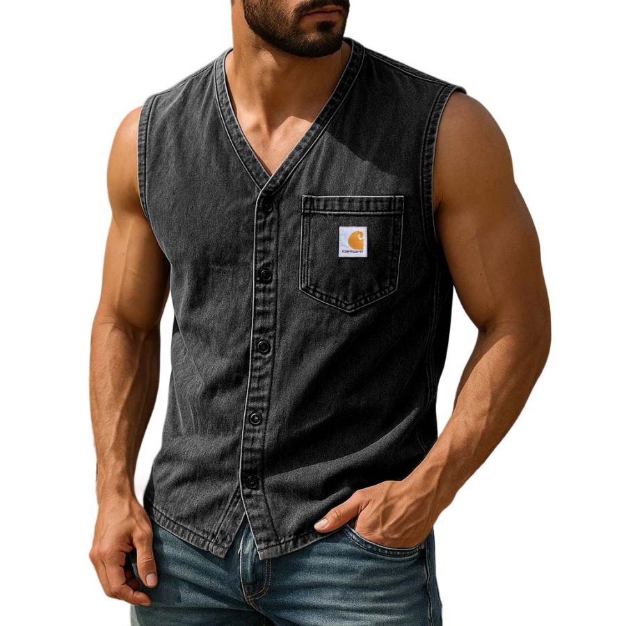 

Men's Vintage Distressed Washed Surf Pocket Button Hooded Sleeveless Muscle Vest